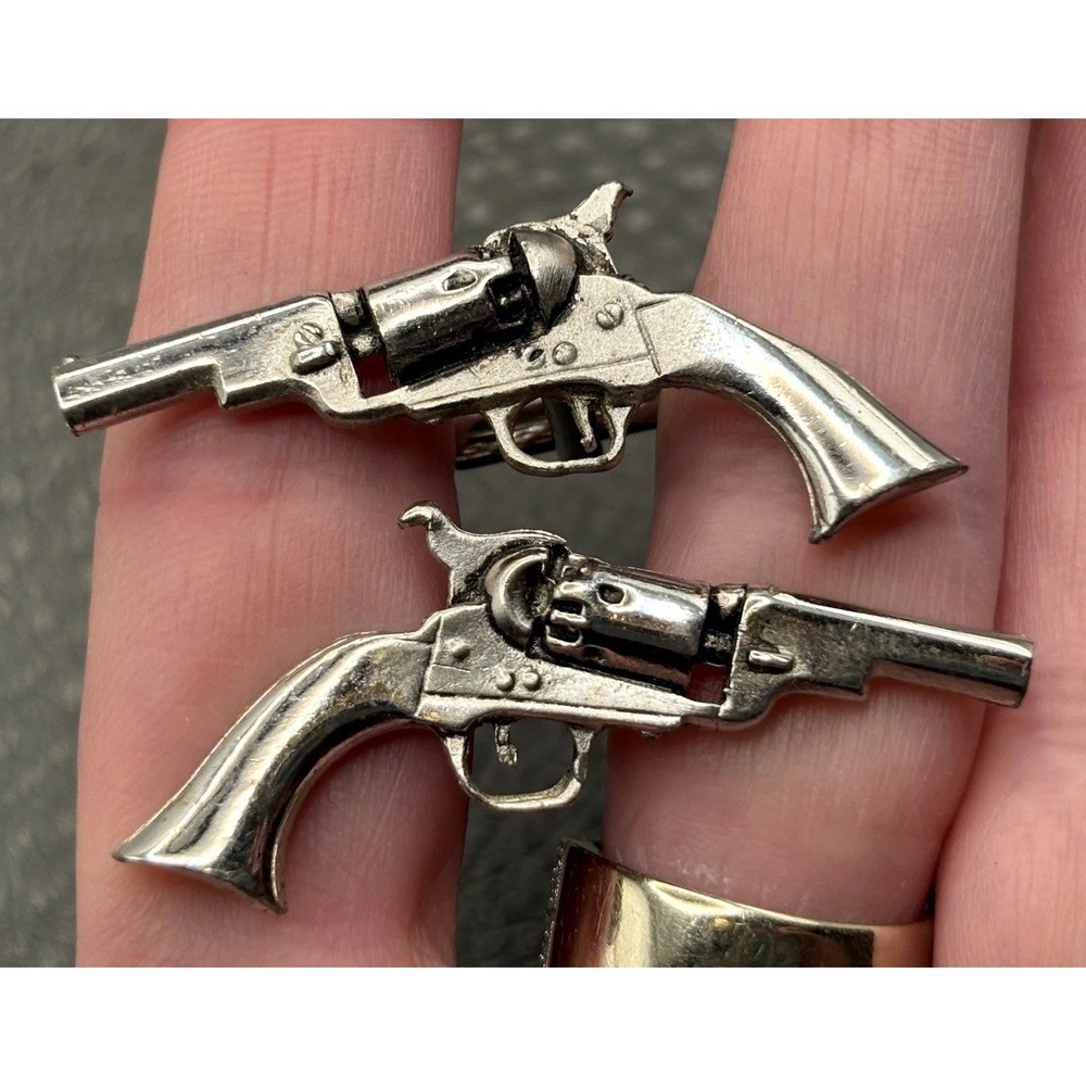 Vintage Revolver Pistol Gun Cufflinks Pair Silver Tone Metal Statement
